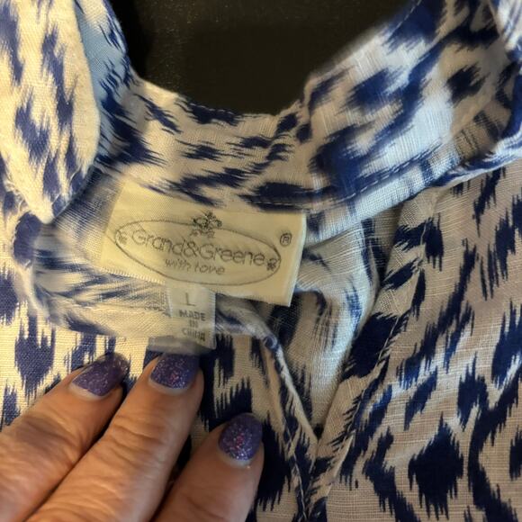 Grand and Greene Linen Blend Royal Blue White Tunic Top Size Large L V Neck - Picture 6 of 8